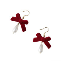 Shangjie OEM joyas Christmas 2021 New Arrival Fashion Red Velvet Bow Earrings Jewelry Pearl Pendant Hook Earrings for Women